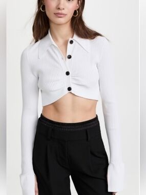 A.L.C. White Ribbed Cropped Button-Front Long Sleeve Top